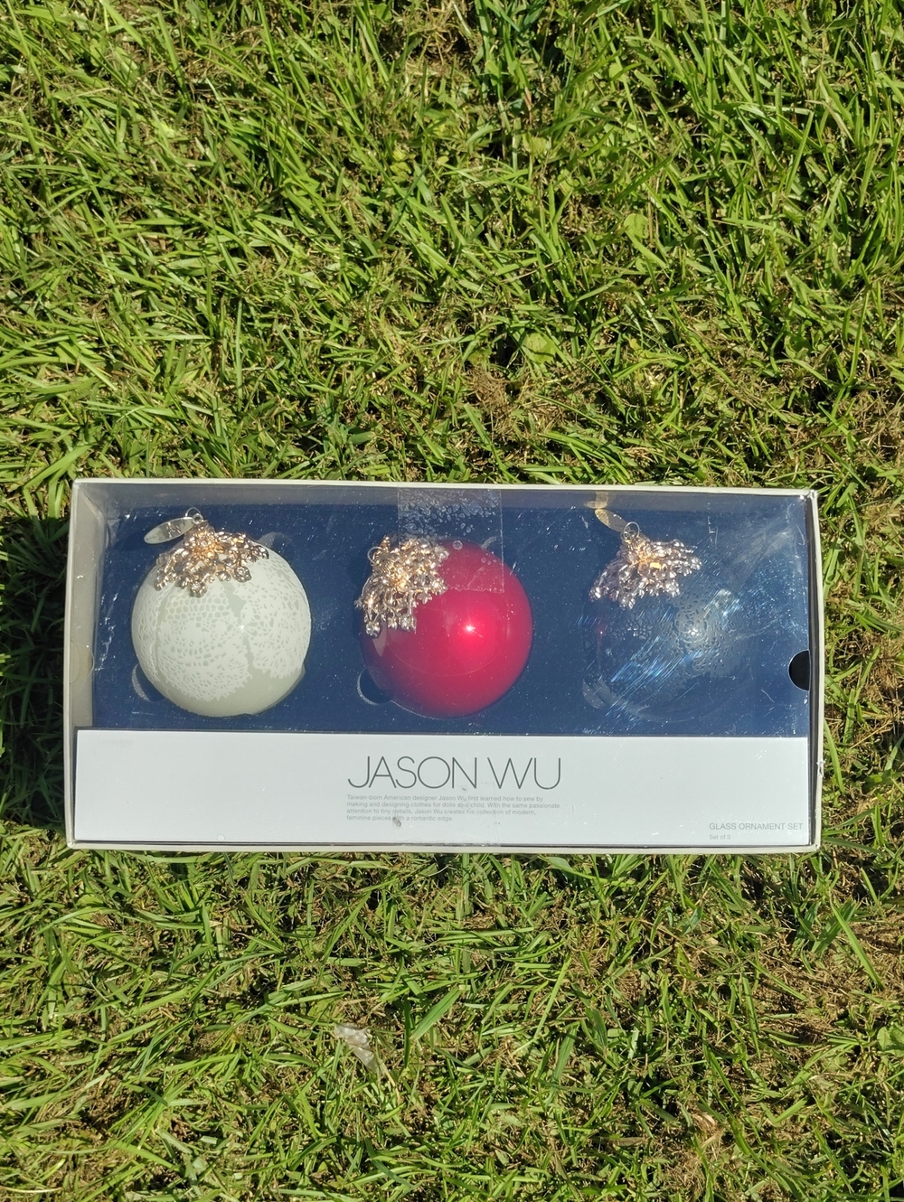 Jason Wu Glass Ornament Set - White, Red, Black Hand Blown With Lace Details *